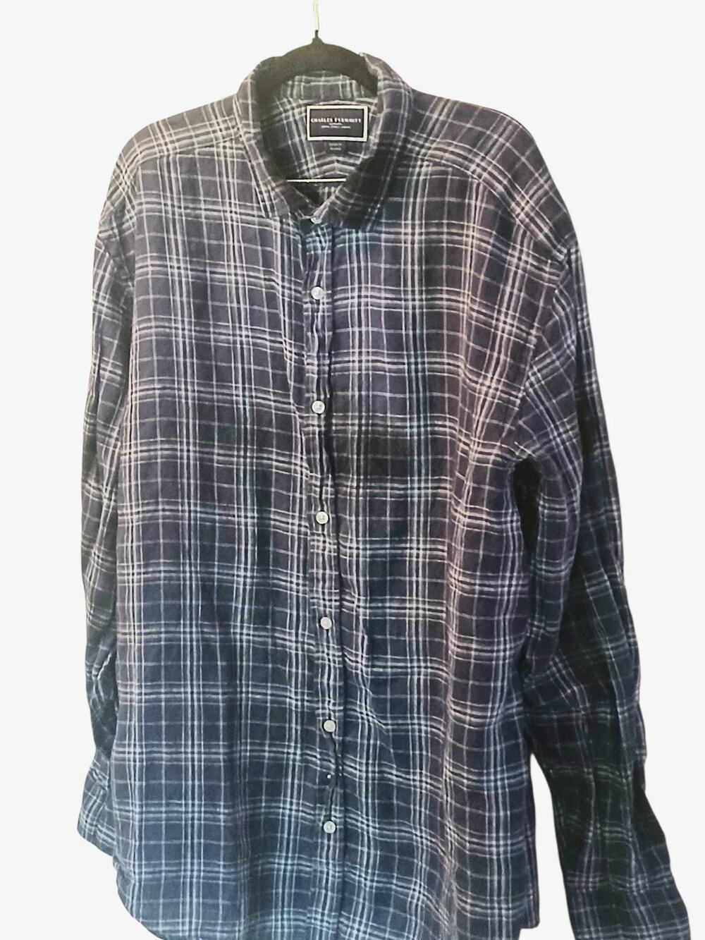 Charles Tyrwhitt Classic Fit Navy White Plaid Button Down Linen Size XXL